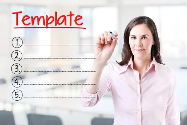 Business woman writing blank Template list. Office background. — Stock Photo, Image