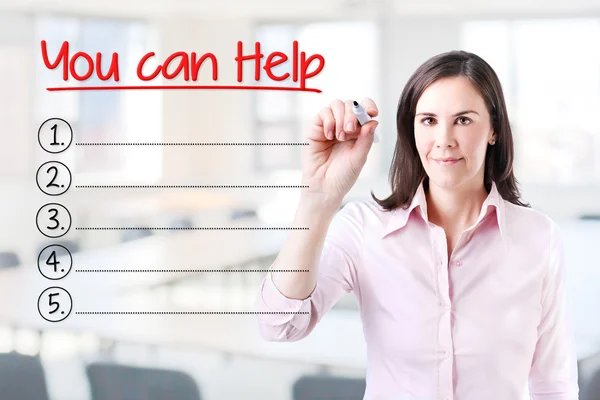 Mujer de negocios escribiendo en blanco Usted puede ayudar lista. Antecedentes . — Foto de Stock