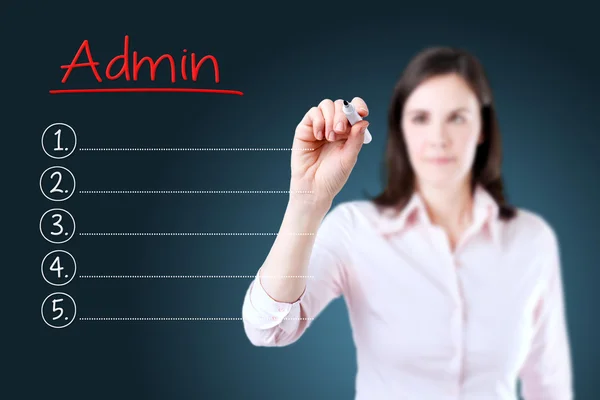 Mujer de negocios escribiendo lista de Admin en blanco. Fondo azul . — Foto de Stock