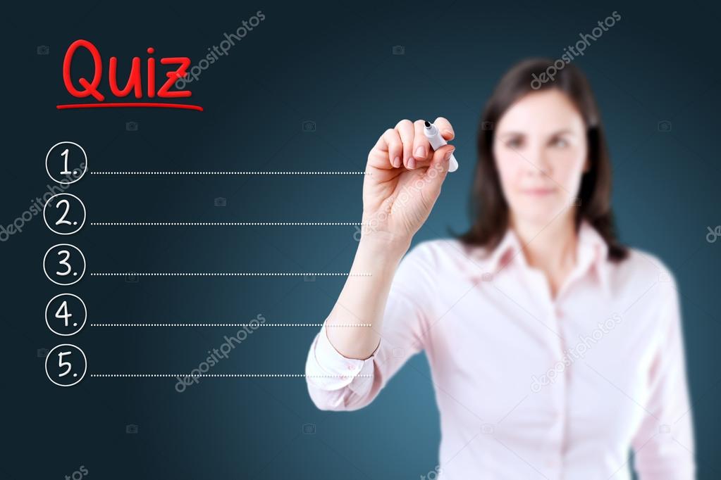 Business woman writing blank Quiz list. Blue background.