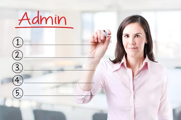 Mujer de negocios escribiendo lista de Admin en blanco. Antecedentes . —  Fotos de Stock