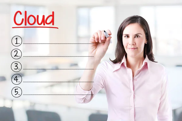 Business woman writing blank Cloud list. Office background. — Stock Photo, Image