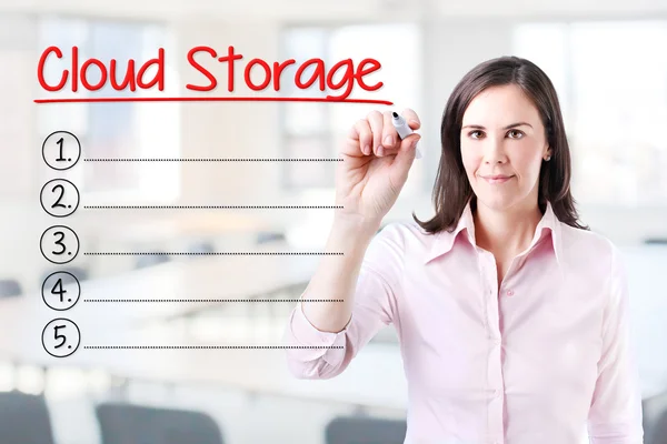 Business woman writing blank Cloud Storage list. Office background. — Stock Photo, Image