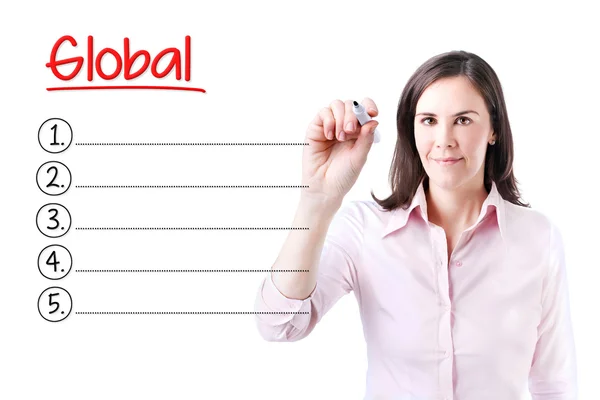 Mujer de negocios escribiendo lista global en blanco. Aislado sobre blanco . — Foto de Stock
