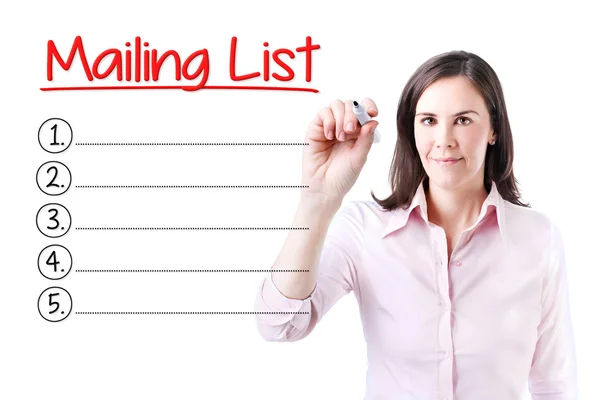 Mujer de negocios escribiendo lista de correo en blanco. Aislado sobre blanco . —  Fotos de Stock