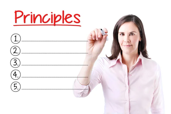 Business woman writing blank Principles list. Isolated on white. — Stock Photo, Image