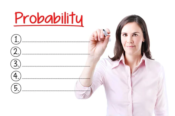 Mulher de negócios escrevendo lista de Probabilidade em branco. Isolado em branco . — Fotografia de Stock