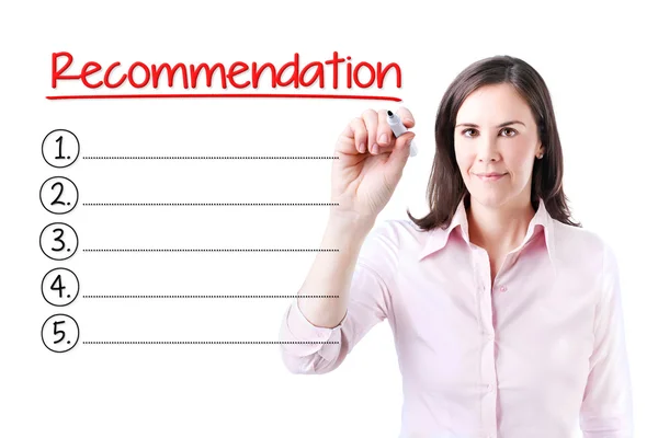 Mujer de negocios escribiendo lista de recomendaciones en blanco. Aislado sobre blanco . — Foto de Stock
