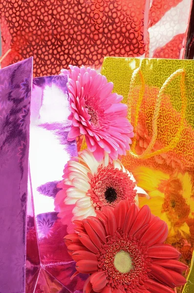 Festlich bunte Geschenktüten und Gerbera-Blumen — Stockfoto