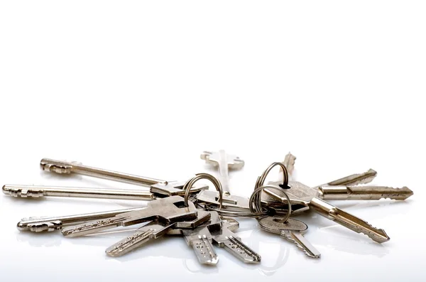 Zwei Schlüsselbänder zusammengehalten mit dem Ring auf weißem Hintergrund — Stockfoto