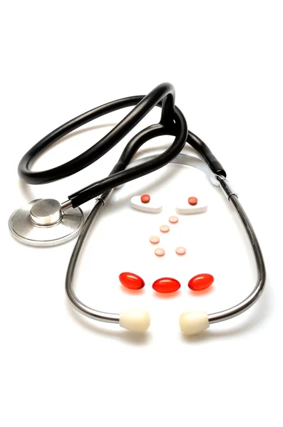 Doktor mizahi karikatürlerinin bir sağlık stetoskop, Tablet - şaka beyaz zemin üzerine yapılmış