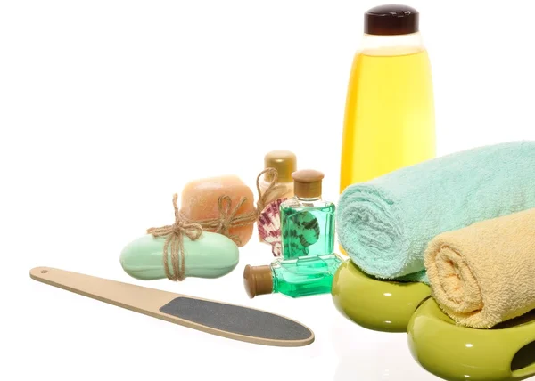 Artiklar för en pedikyr i salon, kroppsvård, spa, ångbad, bastu på en vit bakgrund — Stockfoto