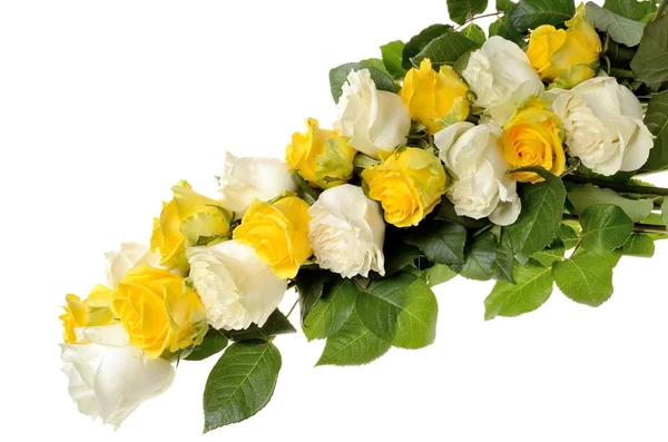 Wreath braided pigtail of of the bouquet of white and yellow roses on a white background — Stock Photo, Image