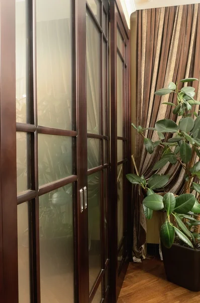 Τμήμα του εσωτερικού: μια διάφανη γυάλινη πόρτα, καφέ κουρτίνες και γλάστρες με φυτά — Φωτογραφία Αρχείου