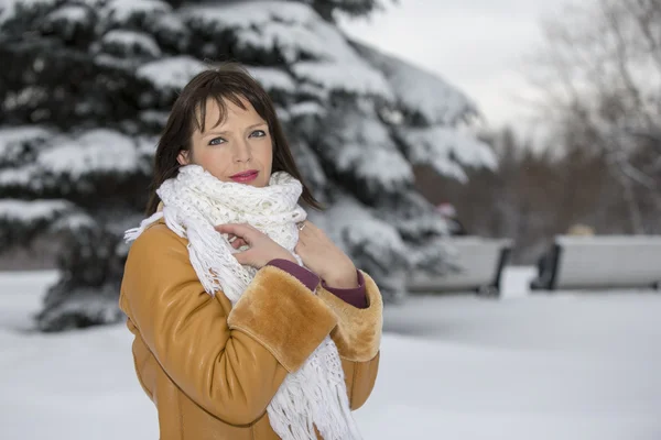 Girl about snowy spruce — Stock Photo, Image