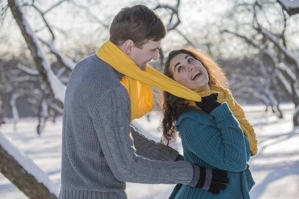 Молоді коханці розважаються в зимовому одязі в парку. Елегантний w — стокове фото