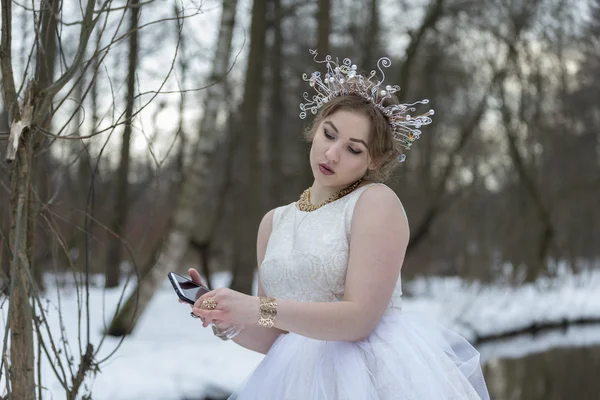 Porträtt av en ung vacker kvinna som bär en krona med strass — Stockfoto