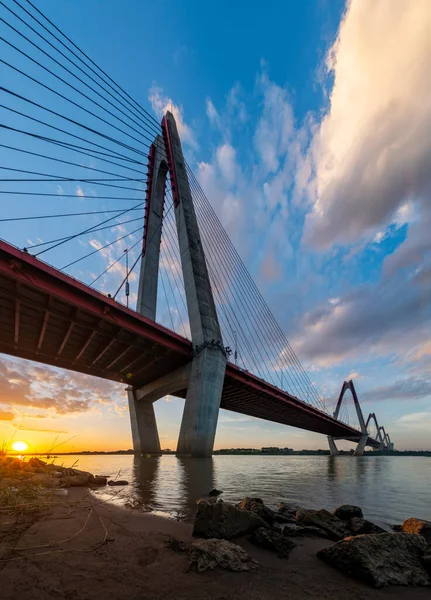 Nhat Tan Bridge Kabelbro Som Korsar Röda Floden Hanoi Och — Stockfoto