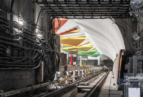 View of under construction station subway from the tunnel. Focus on the station — Stock Photo, Image