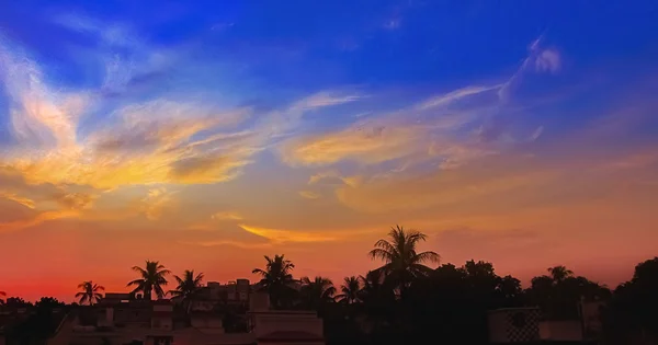 Bunte Sonnenuntergang Land Silhouette von Kokospalmen an der — Stockfoto