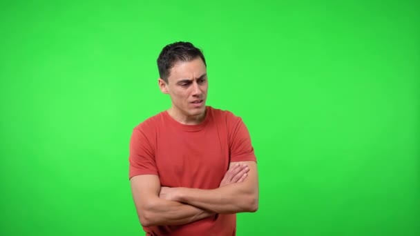 Man worried about something. Chroma green background. — Stock Video