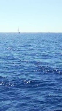 Yelkenliler güneşli bir yaz gününde açık bir gökyüzünün altında engin, derin mavi denizlerde yol alırlar.