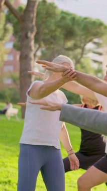 Yeşil bir parkta açık hava dersi sırasında yoga yapan bir grup gülümseyen son sınıf öğrencisi.