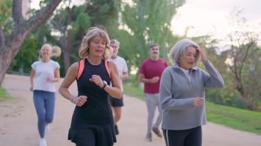 Bir grup olgun arkadaş dışarıda birlikte egzersiz yaparken sağlıklı bir yaşam tarzının tadını çıkarıyorlar.