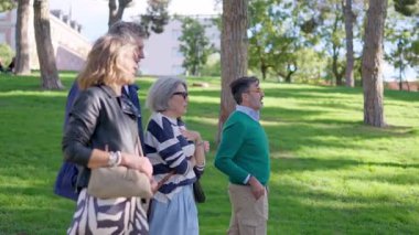 Bir grup mutlu, olgun, gri saçlı arkadaş güneşli bir parkta konuşuyor ve birlikte yürüyorlar.