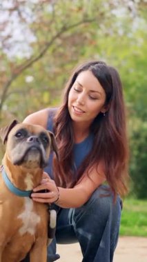 Mutlu kadın gülümsüyor ve güneşli bir günde parkta sevimli boksör köpek arkadaşını okşuyor.