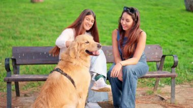 Bir bankta oturmuş gülümseyen ve parkta güzel bir Golden Retriever 'ı okşayan iki genç kadın.