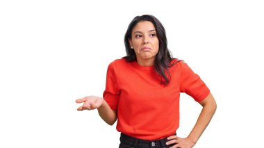 Kararsızlık, kararsızlık ve şüpheciliği ifade eden omuz silken kafası karışmış bir kadın.