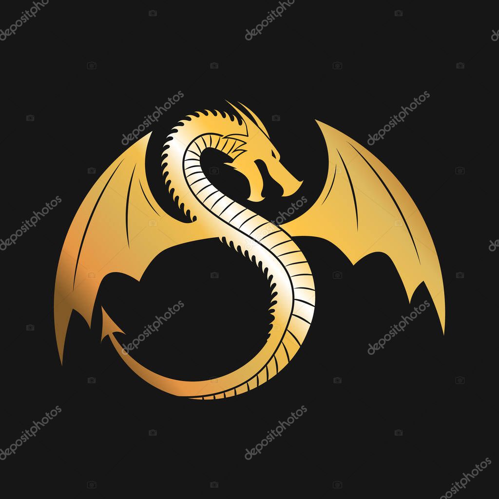 Golden logo of Winged Dragon. Black background. Vector Illustration.