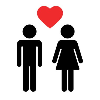 Düz bir kalp ikonuna aşık bir çift. Vektör.