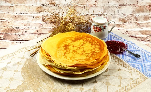 Café da manhã, creme, leite, panqueca, comida, caseiras, prato — Fotografia de Stock