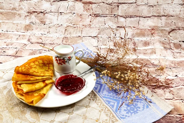 Petit déjeuner, crème, lait, pancake, nourriture, fait maison, assiette — Photo