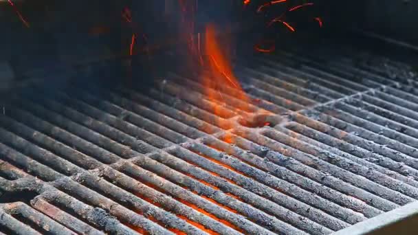 烧烤炉和燃烧的煤块。你可以看到更多的烧烤，烤制的食物，火 — 图库视频影像