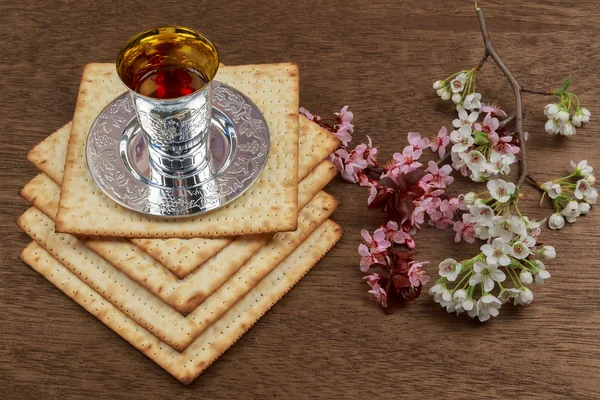 Pesaj Bodegón con vino y matzoh pan de pascua judía — Foto de Stock