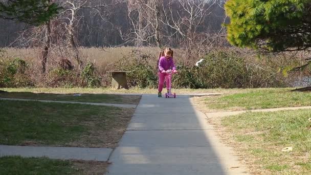 Girl riding bicycle in summer park sidewalk — Stock Video