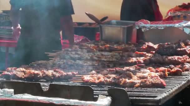 Spiedini di pollo arrosto succosi, fatti di carne bianca e pancetta, essendo acceso il barbecue — Video Stock