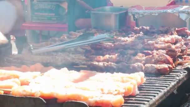 Saftige gebratene Hühnerspieße aus weißem Fleisch und Speck, die auf dem Grill gedreht werden — Stockvideo