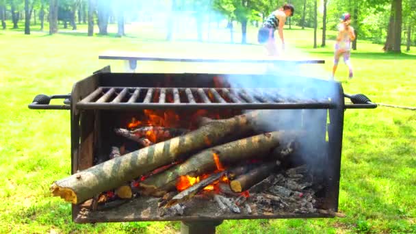 Fogo de churrasco, fogueira, queima de madeira . — Vídeo de Stock