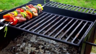 Barbekü. Şiş kebap sıcak ızgara ızgara biber ile