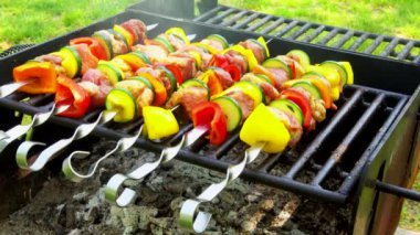 Barbekü. Şiş kebap sıcak ızgara ızgara biber ile