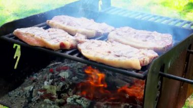 açık bir yangın 4 k bir açık ateş domuz biftek kavurma et