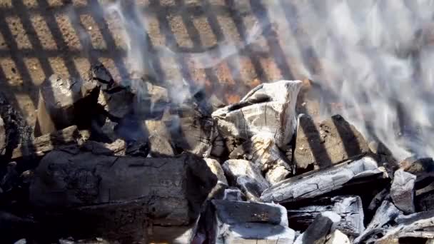 Carvão de churrasco brilhando e brasas ardentes fechar macro — Vídeo de Stock