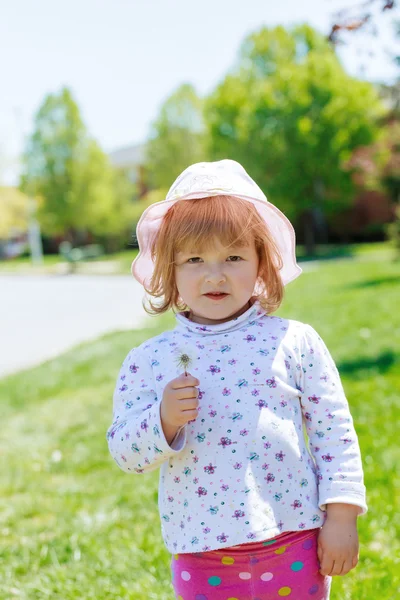 Bella bambina che soffia dente di leone sul prato verde — Foto Stock