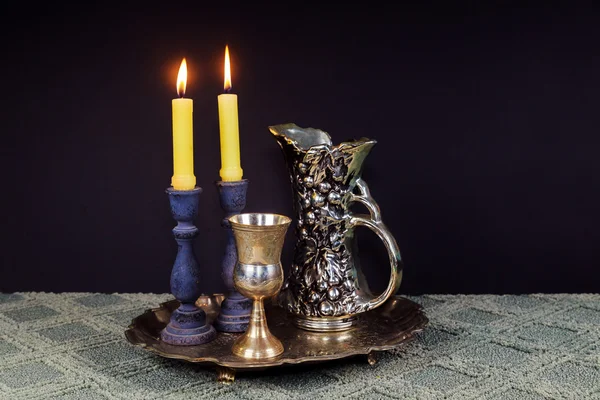 Shabbat Shalom Hebrew with kiddush candles — Stock Photo, Image