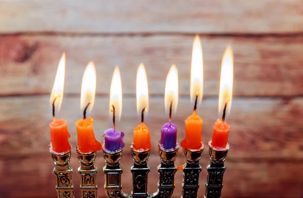 Zsidó ünnep a Hanukkah menorah kreatív háttér. — Stock Fotó