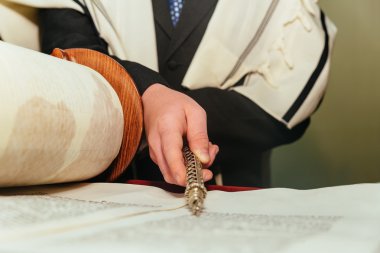Bar Mitzva'adlı Yahudi Torah 5 Eylül 2016 okuma çocuğun el ABD